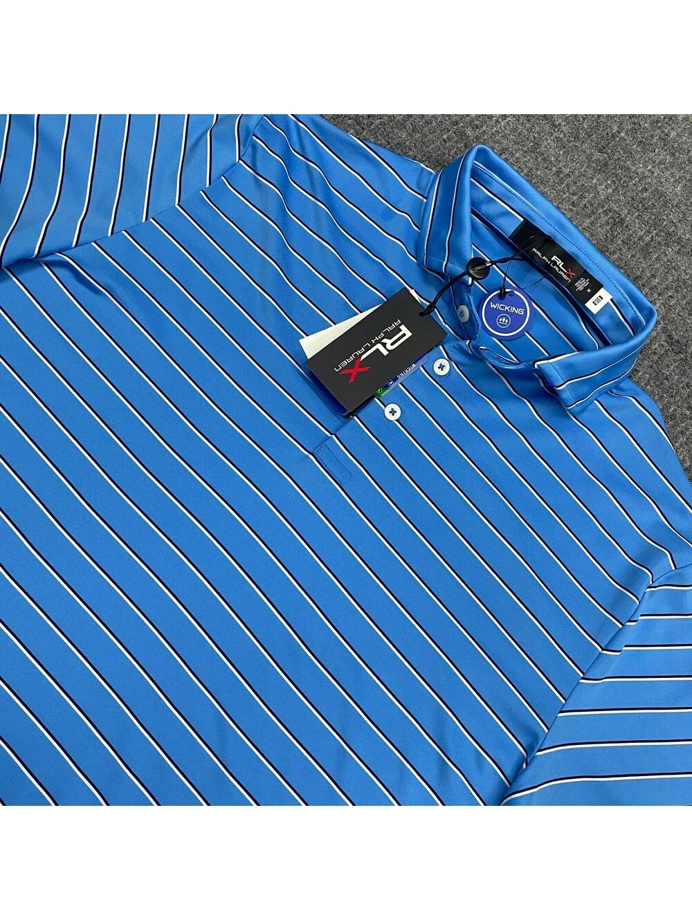 NWT Ralph Lauren RLX Polo Shirt Mens Medium Blue Stripe Wicking Performance Golf